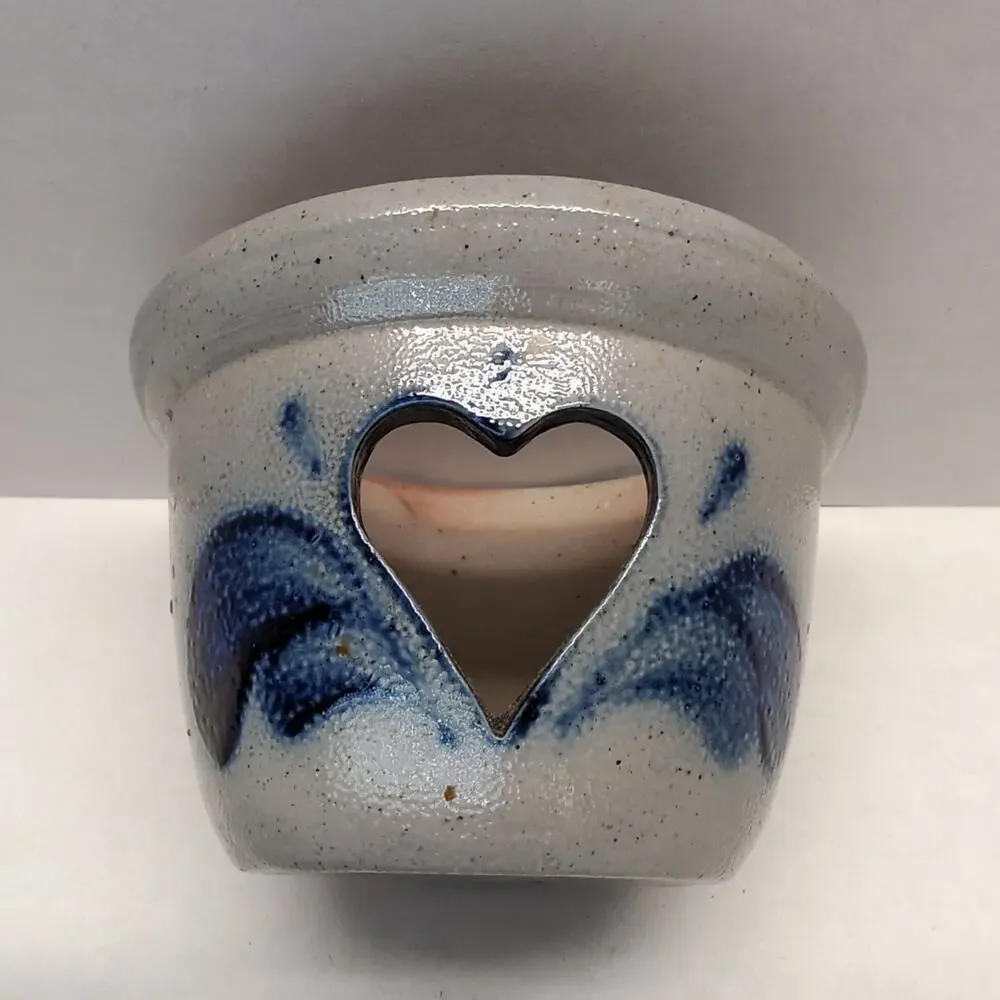 Rowe Pottery Works Heart Cutout Candle Crock Holder Votive Salt Glaze Folk Art